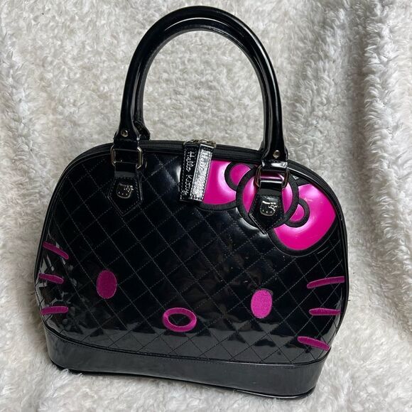 Hello KittyLoungefly Black patent quilted Large Dome bag fuchsia face embroidery - Picture 1 of 16